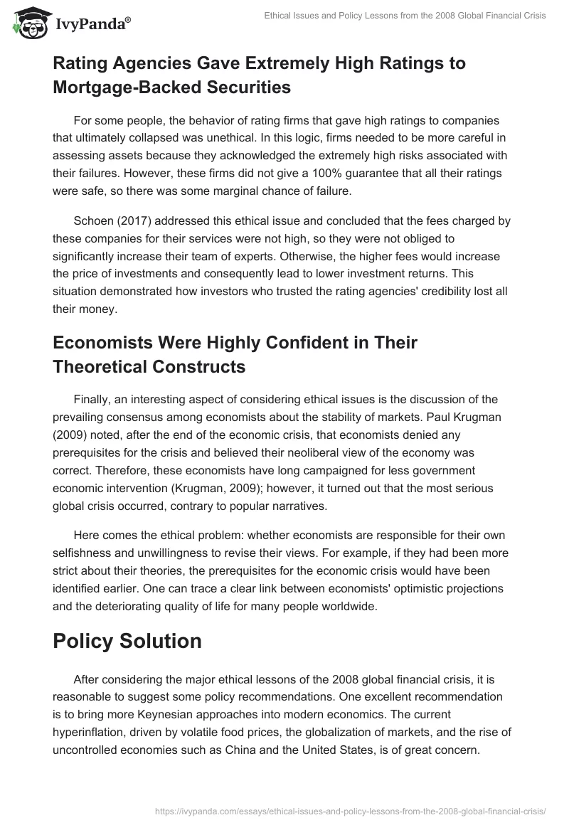 Ethical Issues and Policy Lessons from the 2008 Global Financial Crisis. Page 2
