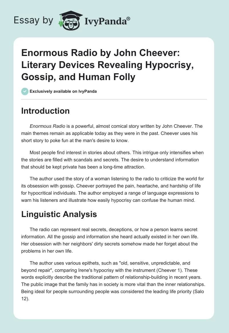 Enormous Radio by John Cheever: Literary Devices Revealing Hypocrisy, Gossip, and Human Folly. Page 1