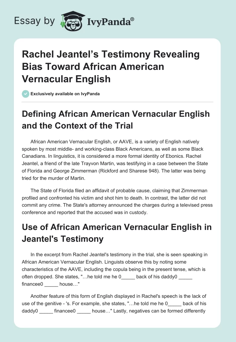 Rachel Jeantel’s Testimony Revealing Bias Toward African American Vernacular English. Page 1