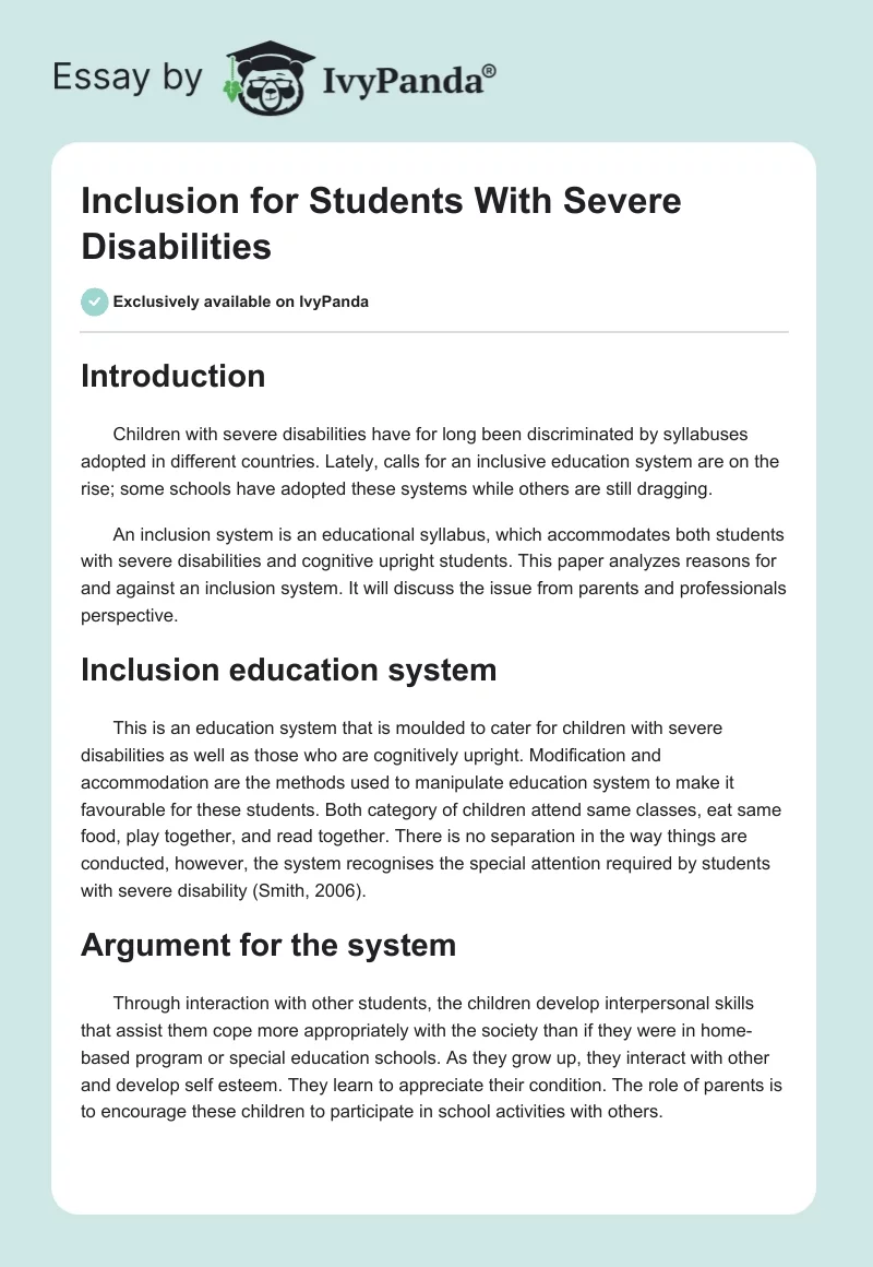 Inclusion for Students With Severe Disabilities. Page 1