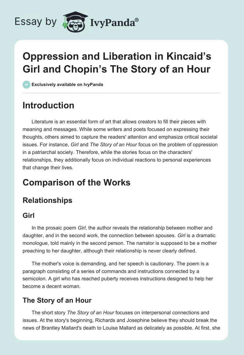 Oppression and Liberation in Kincaid’s Girl and Chopin’s The Story of an Hour. Page 1