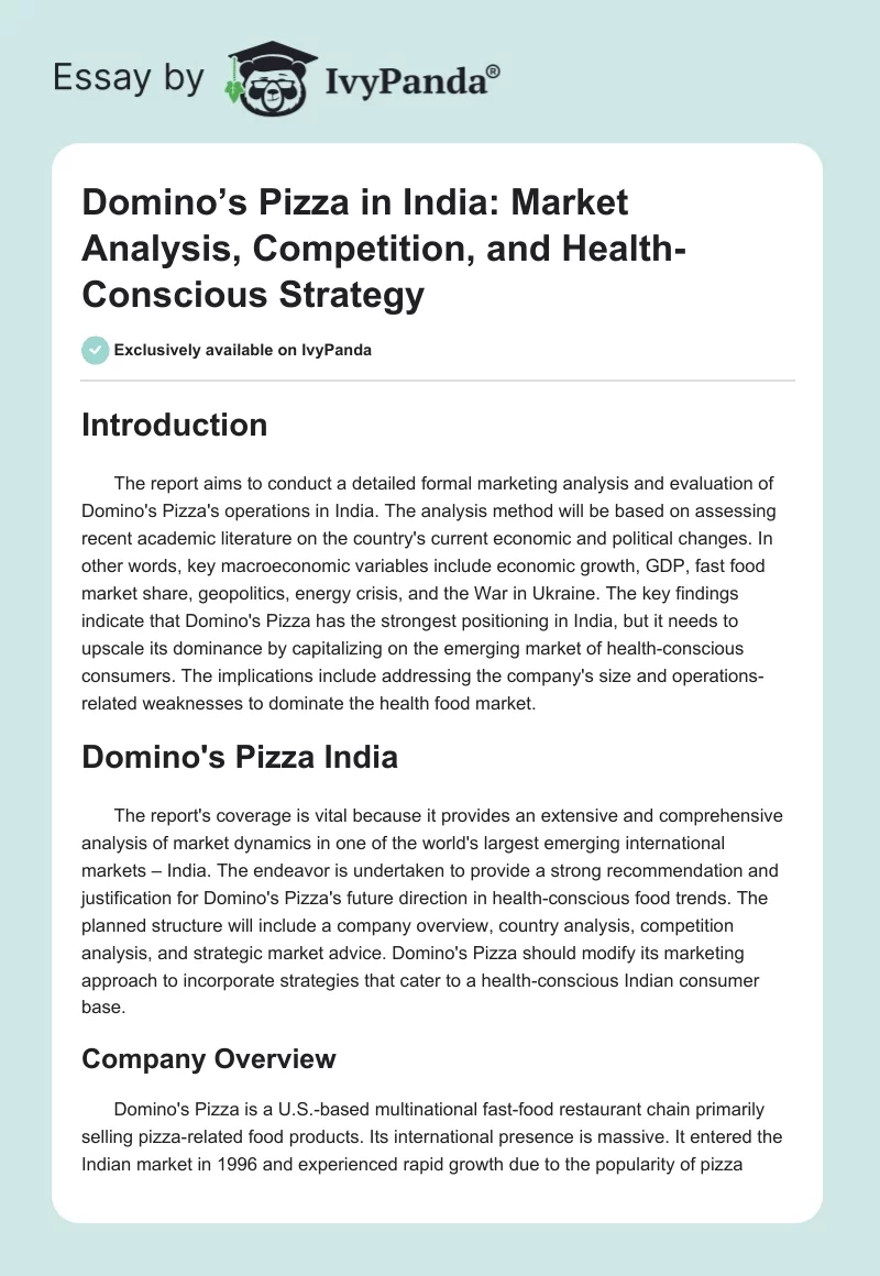 Domino’s Pizza in India: Market Analysis, Competition, and Health-Conscious Strategy. Page 1