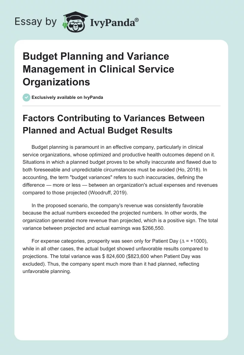 Budget Planning and Variance Management in Clinical Service Organizations. Page 1
