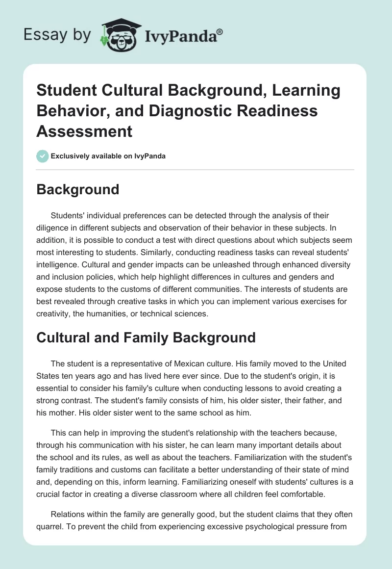 Student Cultural Background, Learning Behavior, and Diagnostic Readiness Assessment. Page 1