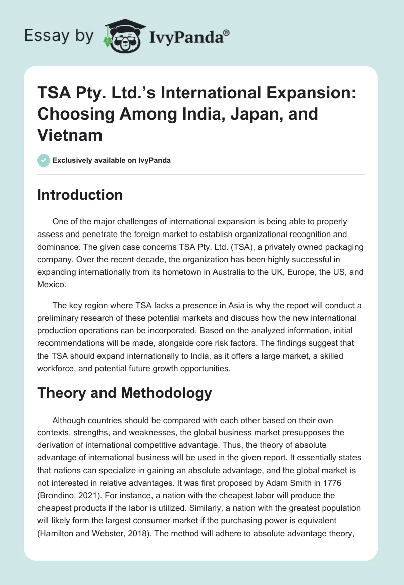 TSA Pty. Ltd.’s International Expansion: Choosing Among India, Japan, and Vietnam. Page 1