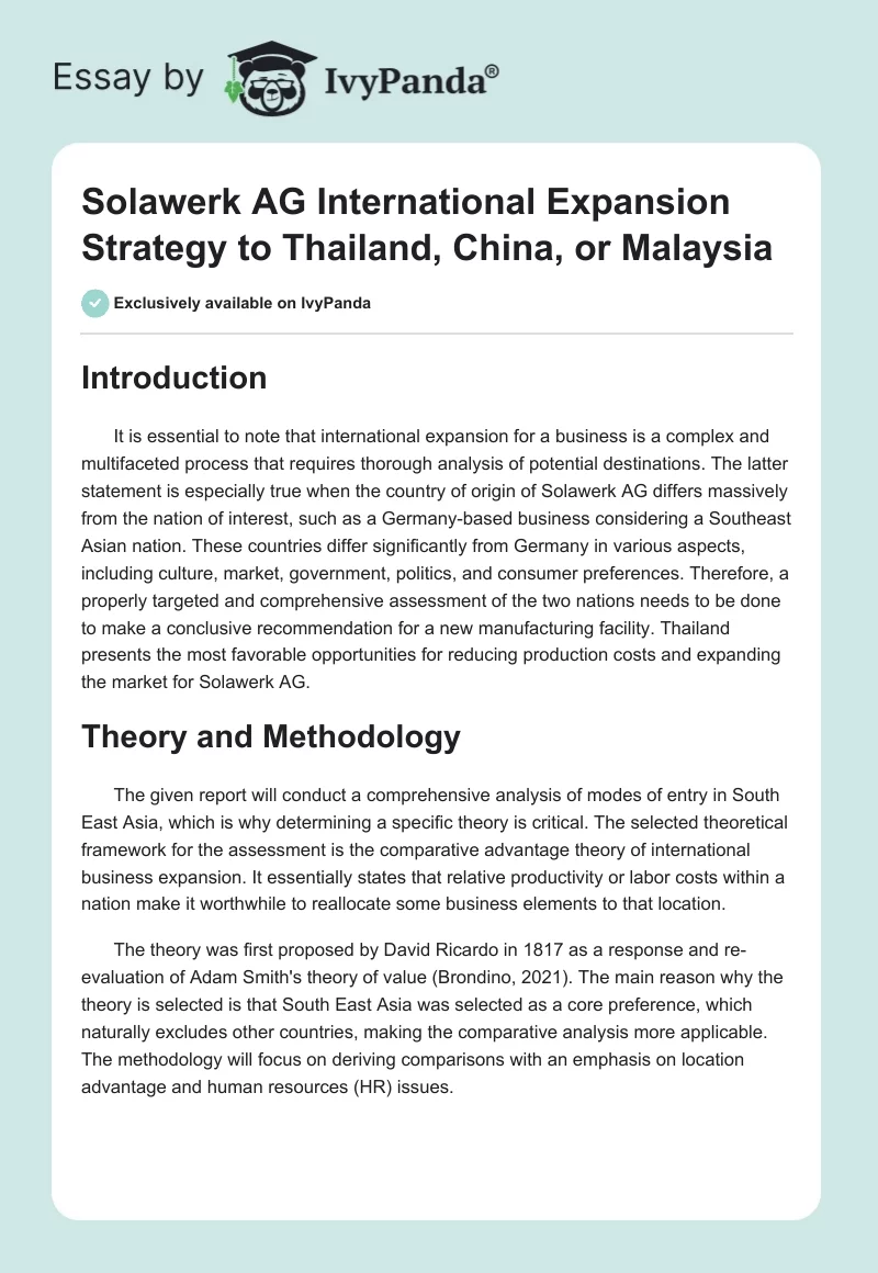 Solawerk AG International Expansion Strategy to Thailand, China, or Malaysia. Page 1