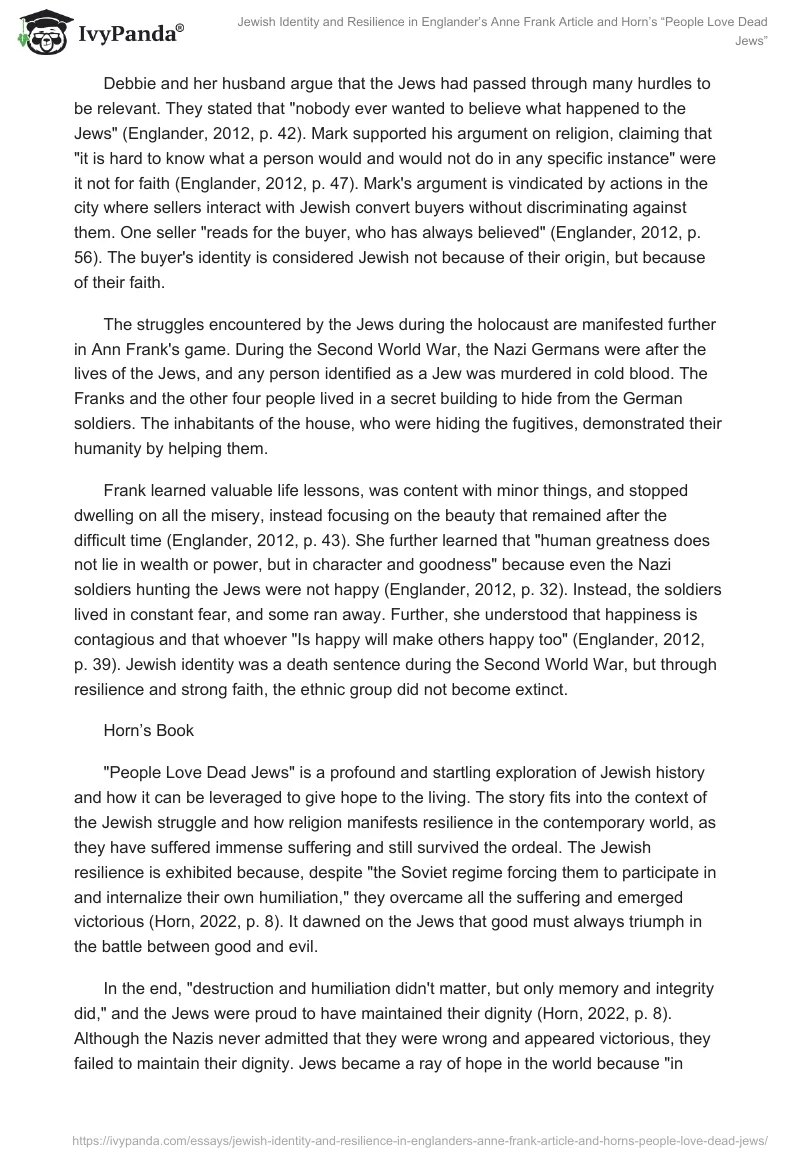 Jewish Identity and Resilience in Englander’s Anne Frank Article and Horn’s “People Love Dead Jews”. Page 2