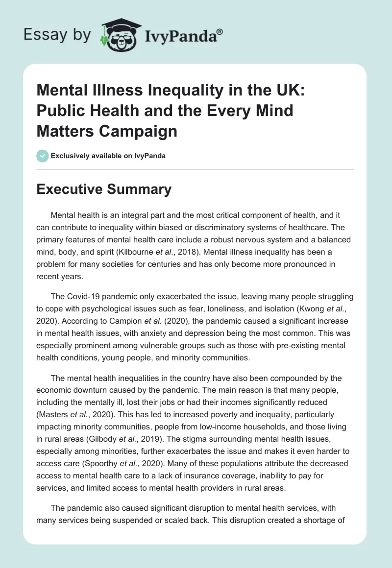 Mental Illness Inequality in the UK: Public Health and the Every Mind Matters Campaign. Page 1
