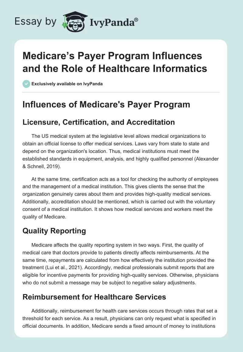 Medicare’s Payer Program Influences and the Role of Healthcare Informatics. Page 1