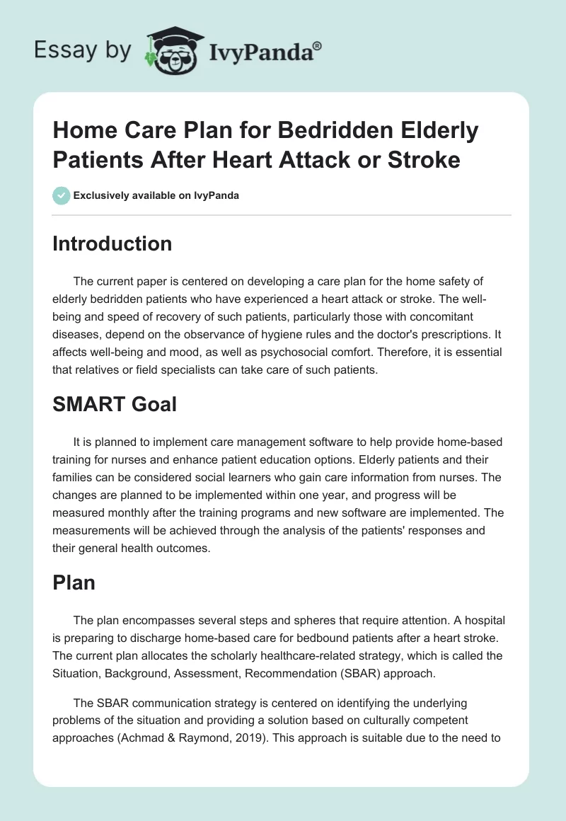 Home Care Plan for Bedridden Elderly Patients After Heart Attack or Stroke. Page 1