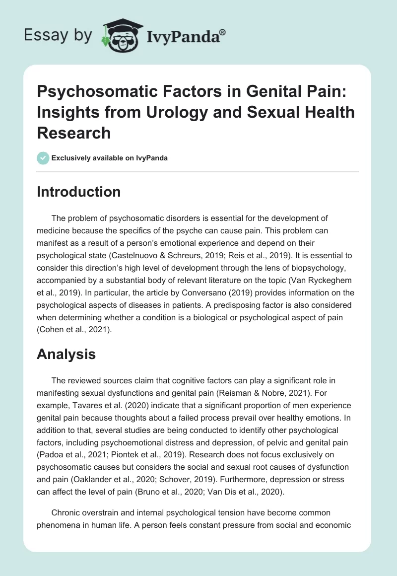 Psychosomatic Factors in Genital Pain: Insights from Urology and Sexual Health Research. Page 1
