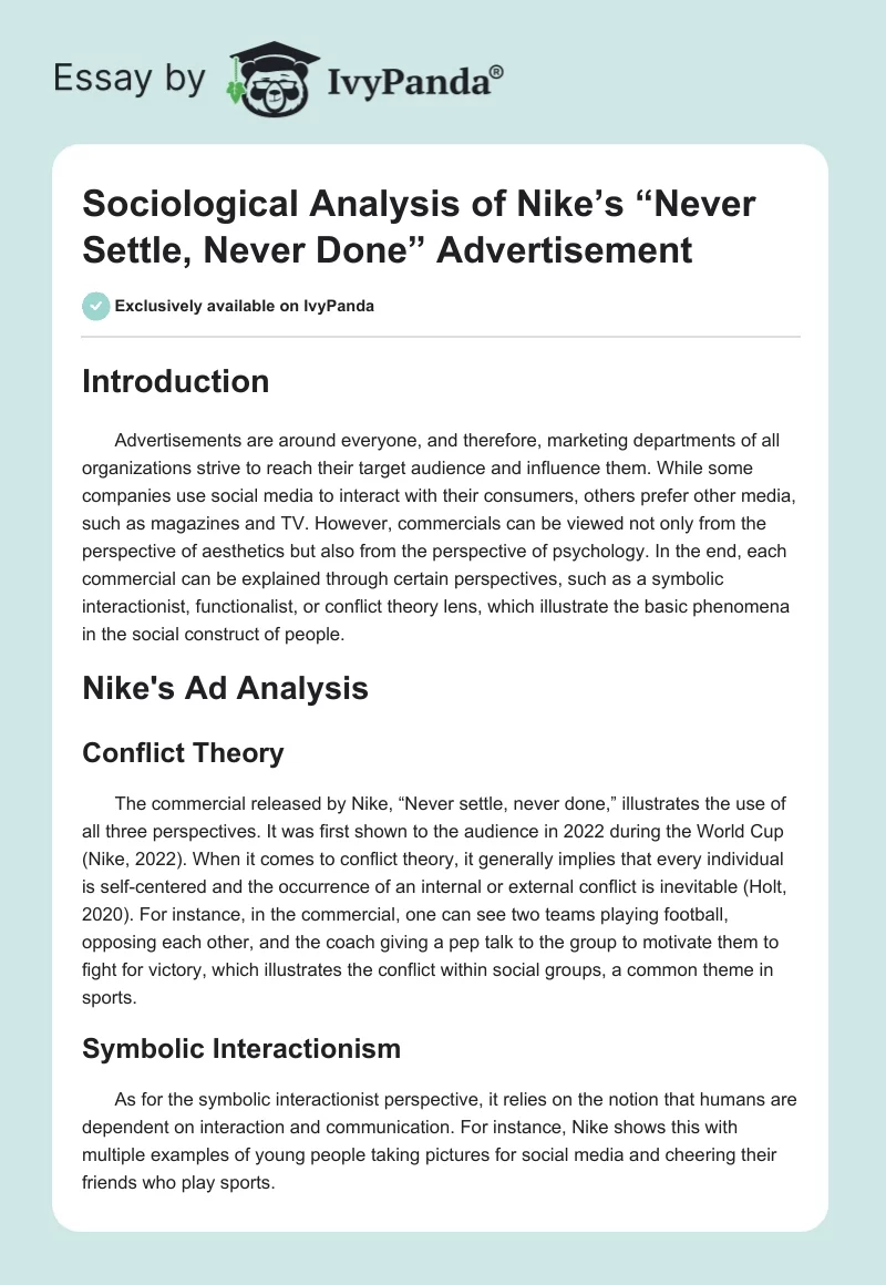 Sociological Analysis of Nike’s “Never Settle, Never Done” Advertisement. Page 1