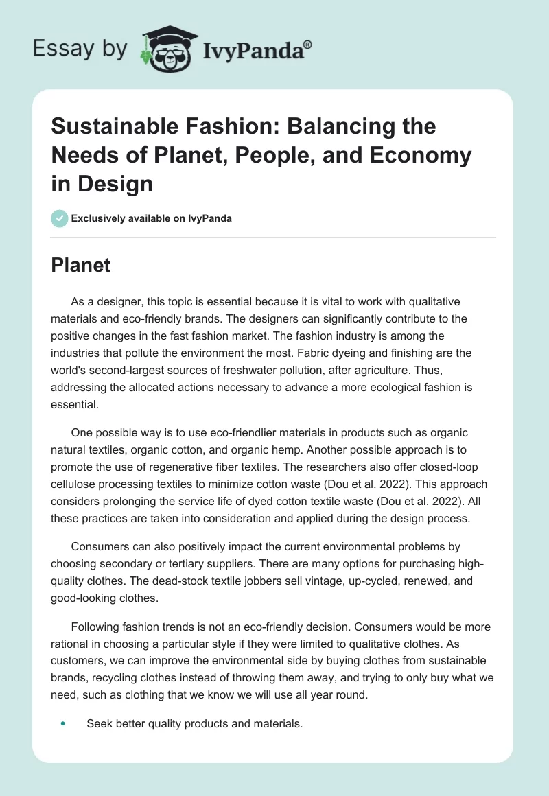 Sustainable Fashion: Balancing the Needs of Planet, People, and Economy in Design. Page 1