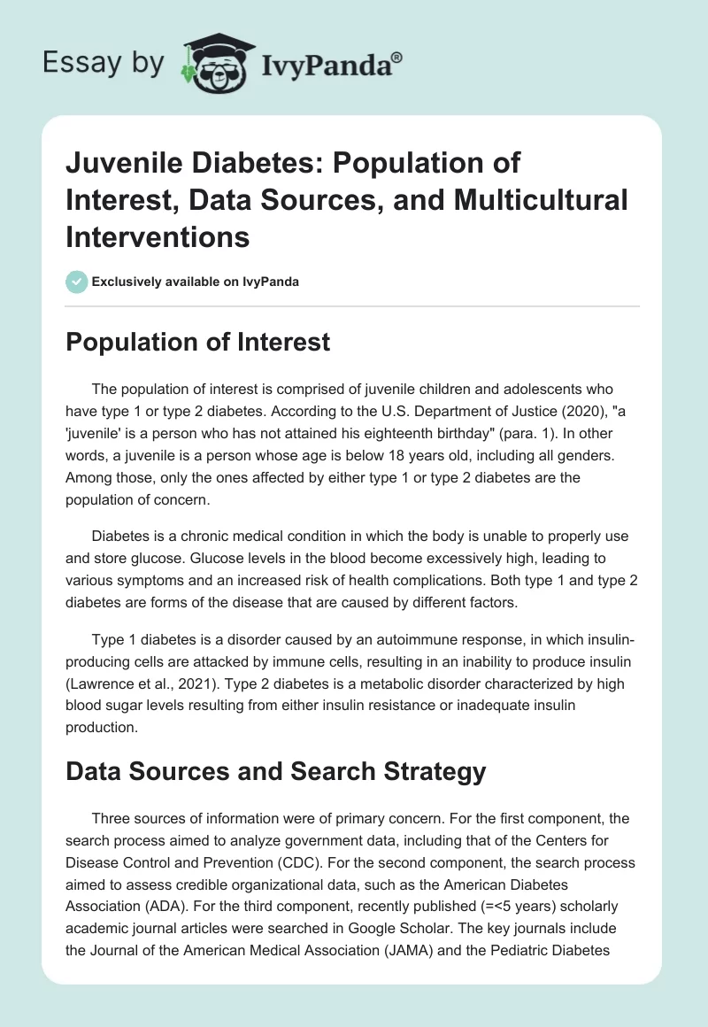 Juvenile Diabetes: Population of Interest, Data Sources, and Multicultural Interventions. Page 1