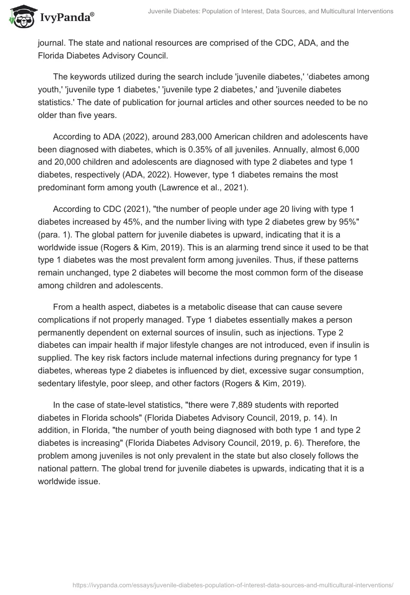 Juvenile Diabetes: Population of Interest, Data Sources, and Multicultural Interventions. Page 2