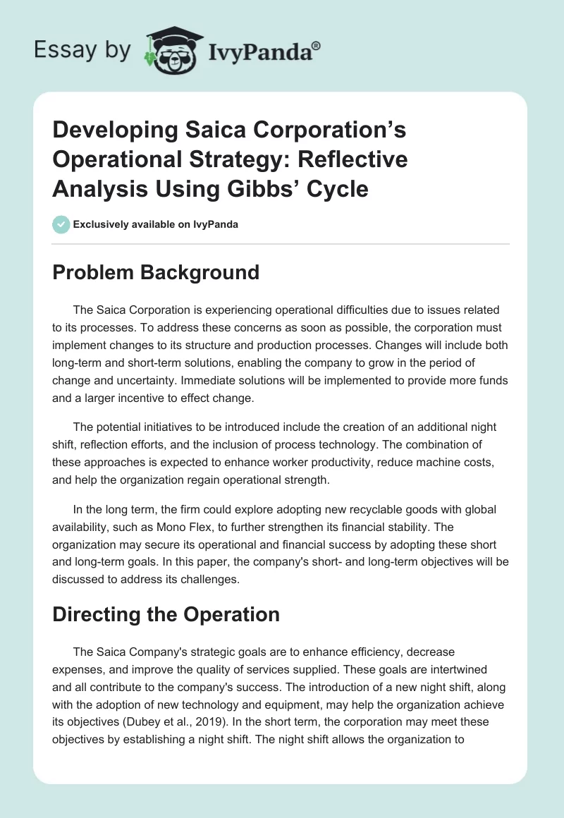 Developing Saica Corporation’s Operational Strategy: Reflective Analysis Using Gibbs’ Cycle. Page 1