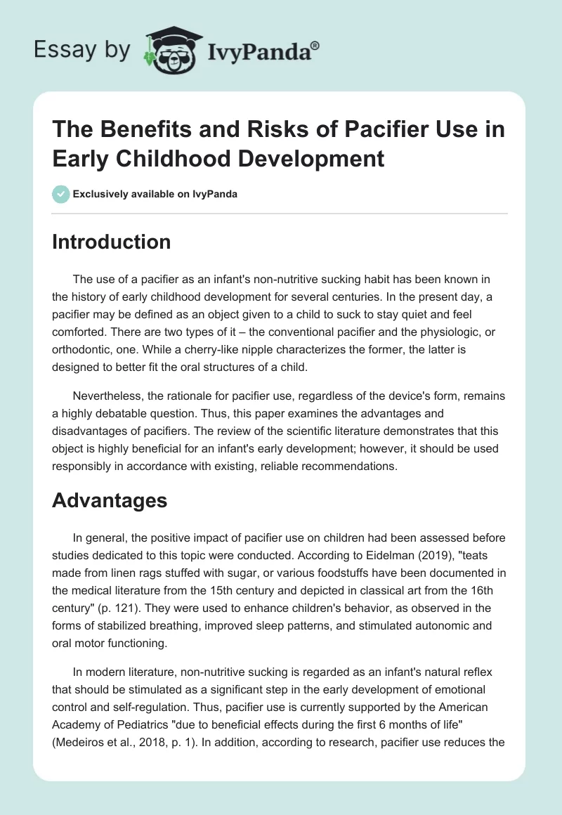 The Benefits and Risks of Pacifier Use in Early Childhood Development. Page 1