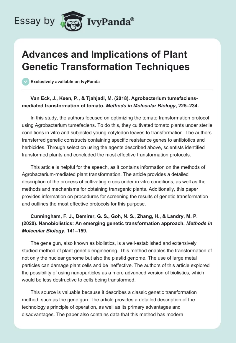 Advances and Implications of Plant Genetic Transformation Techniques. Page 1