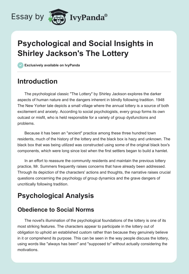Psychological and Social Insights in Shirley Jackson's "The Lottery". Page 1