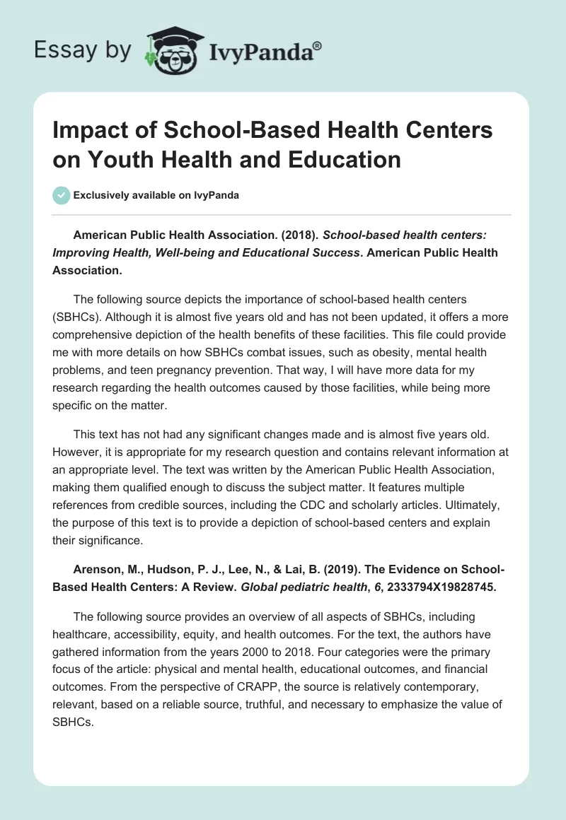 Impact of School-Based Health Centers on Youth Health and Education. Page 1