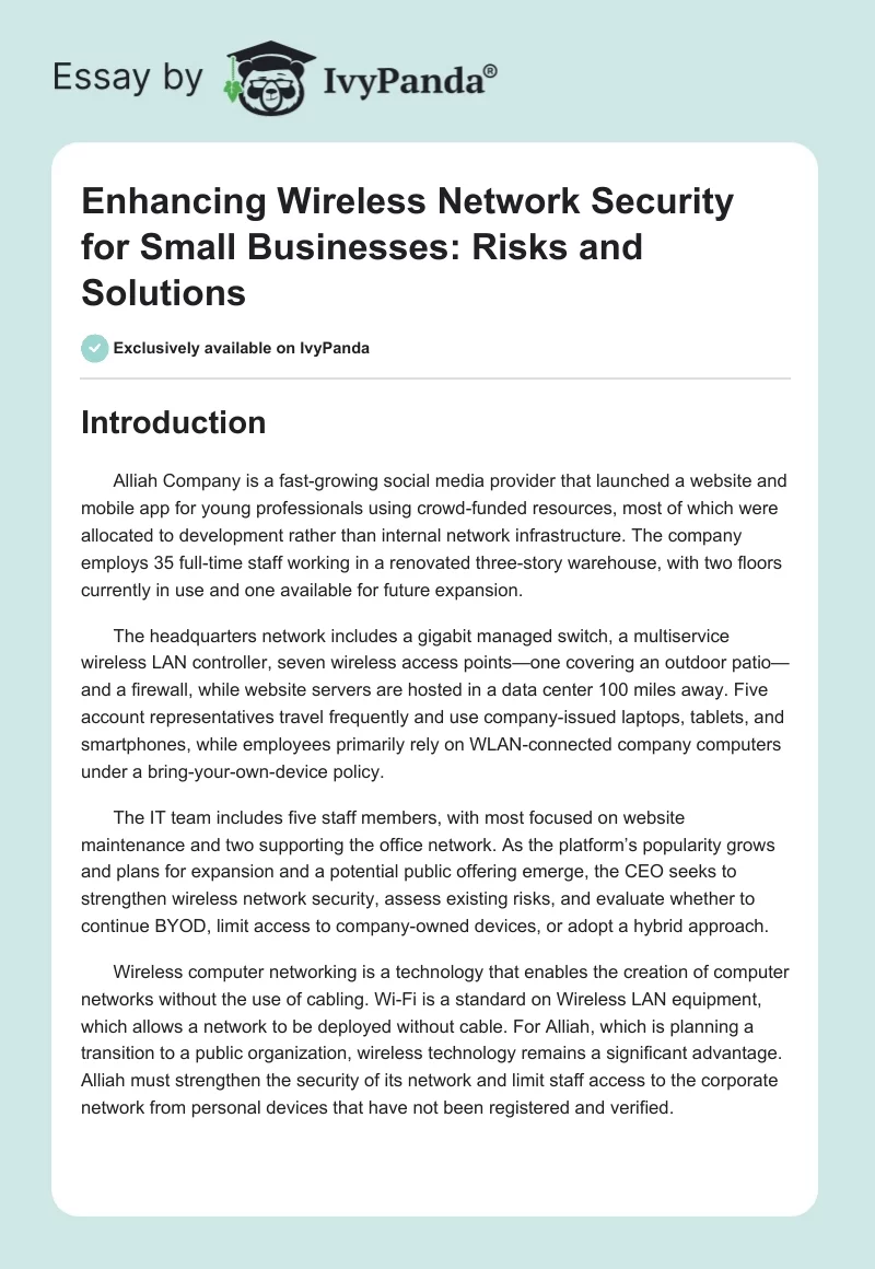 Enhancing Wireless Network Security for Small Businesses: Risks and Solutions. Page 1