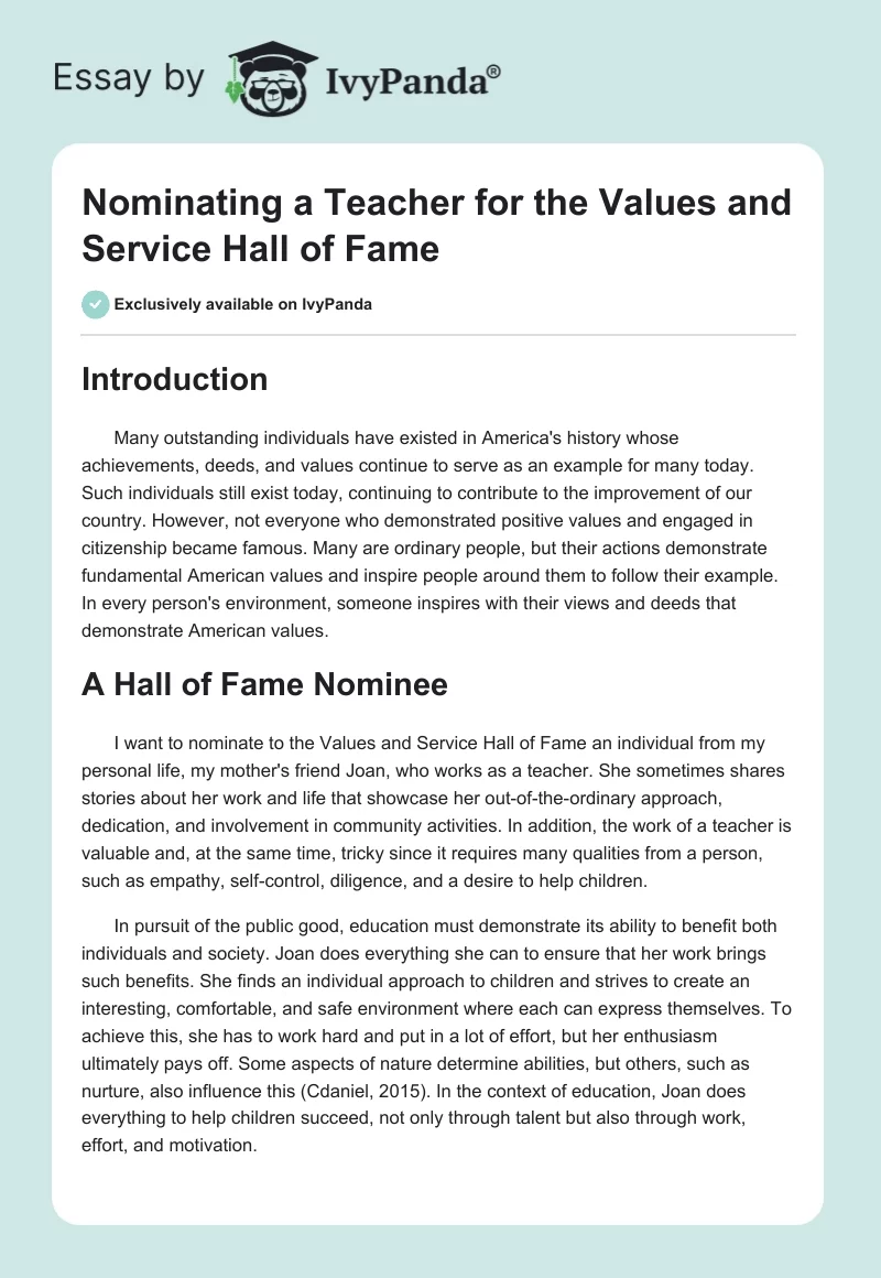 Nominating a Teacher for the Values and Service Hall of Fame. Page 1
