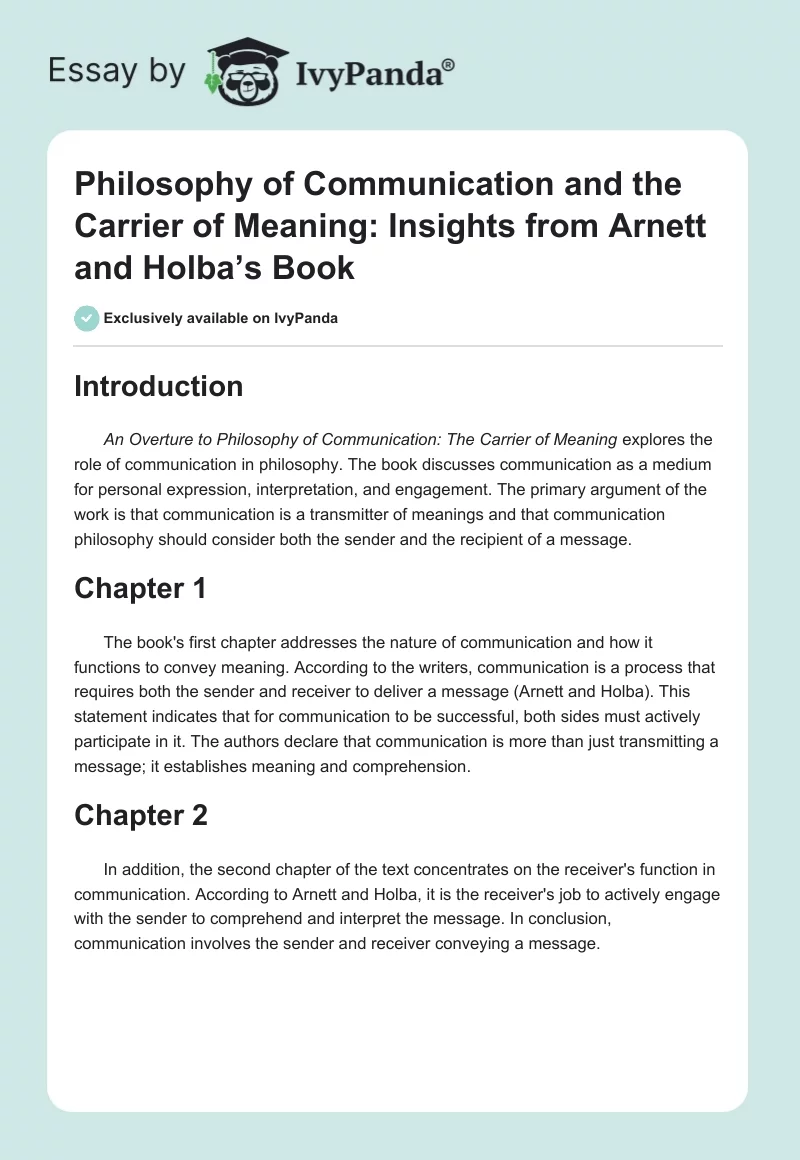Philosophy of Communication and the Carrier of Meaning: Insights from Arnett and Holba’s Book. Page 1