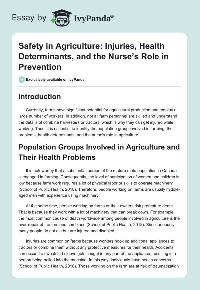 Safety in Agriculture: Injuries, Health Determinants, and the Nurse’s Role in Prevention. Page 1