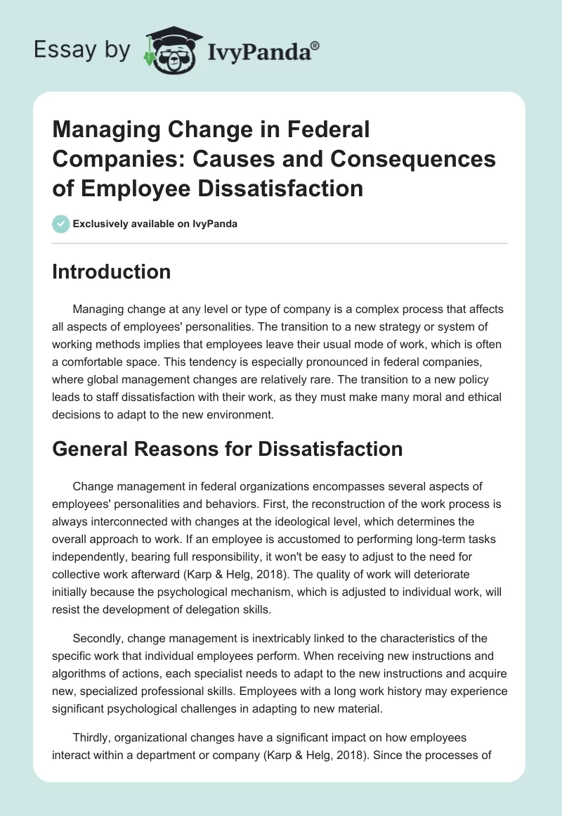 Managing Change in Federal Companies: Causes and Consequences of Employee Dissatisfaction. Page 1