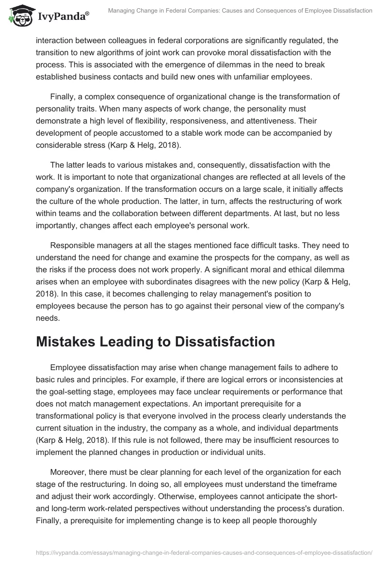 Managing Change in Federal Companies: Causes and Consequences of Employee Dissatisfaction. Page 2