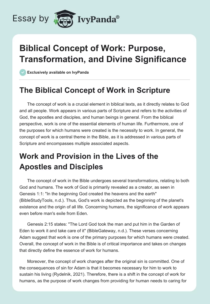 Biblical Concept of Work: Purpose, Transformation, and Divine Significance. Page 1