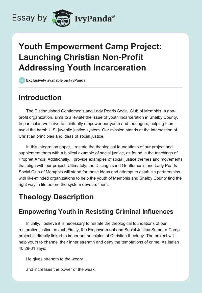 Youth Empowerment Camp Project: Launching Christian Non-Profit Addressing Youth Incarceration. Page 1