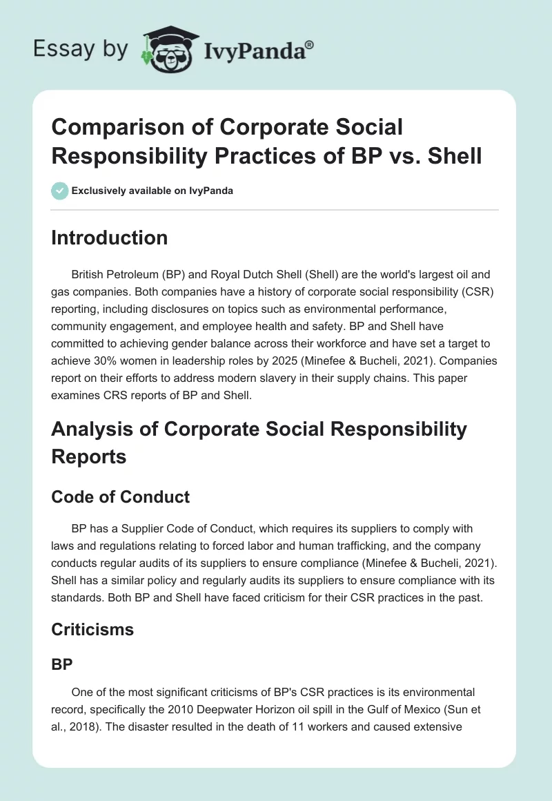 Comparison of Corporate Social Responsibility Practices of BP vs. Shell. Page 1