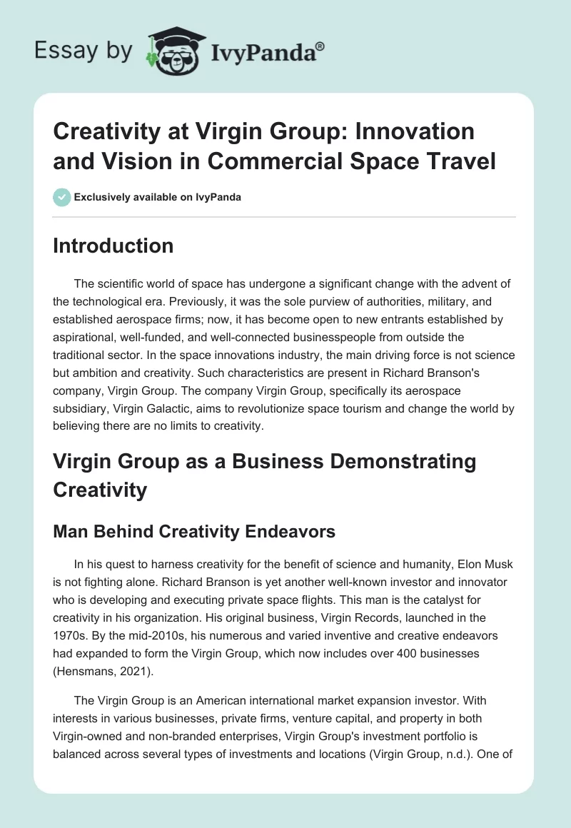 Creativity at Virgin Group: Innovation and Vision in Commercial Space Travel. Page 1