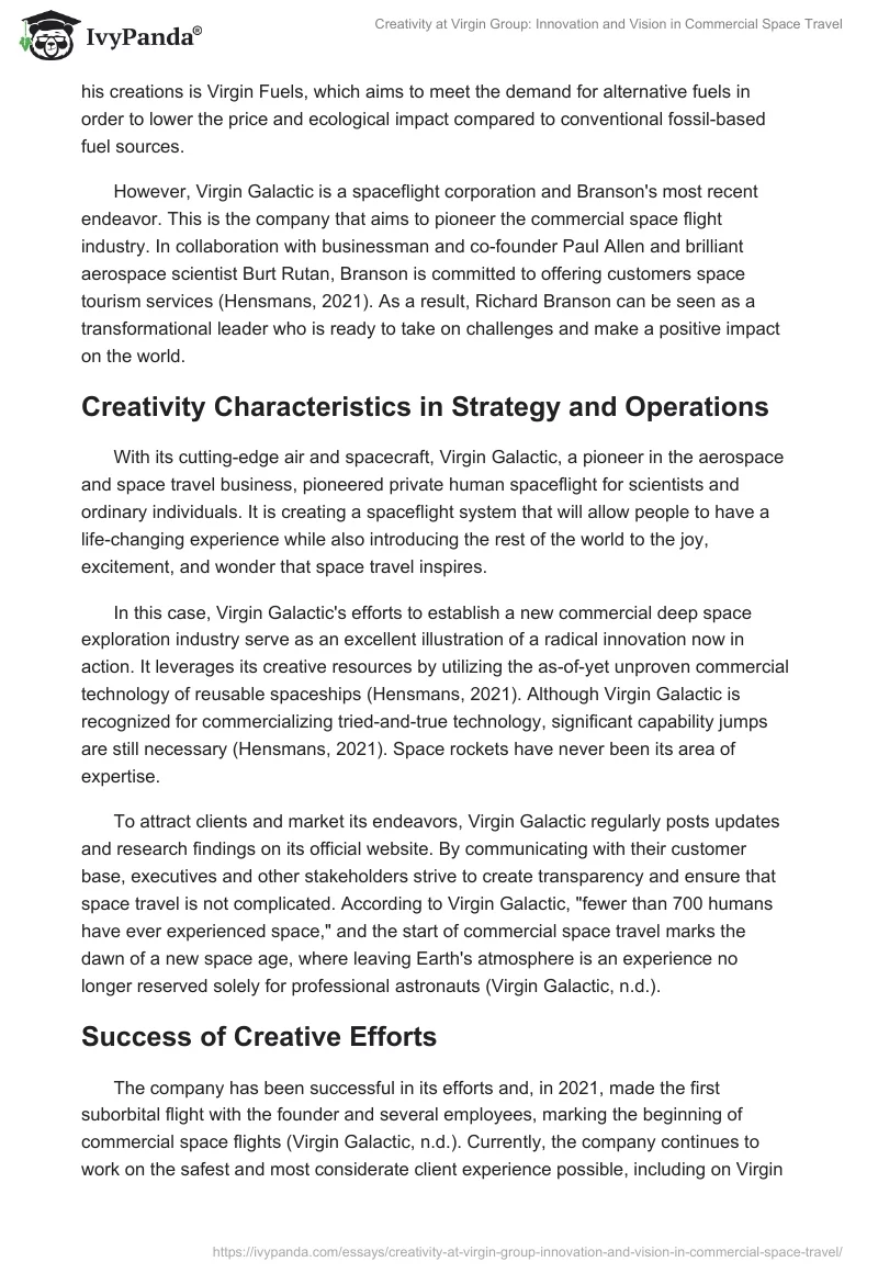 Creativity at Virgin Group: Innovation and Vision in Commercial Space Travel. Page 2