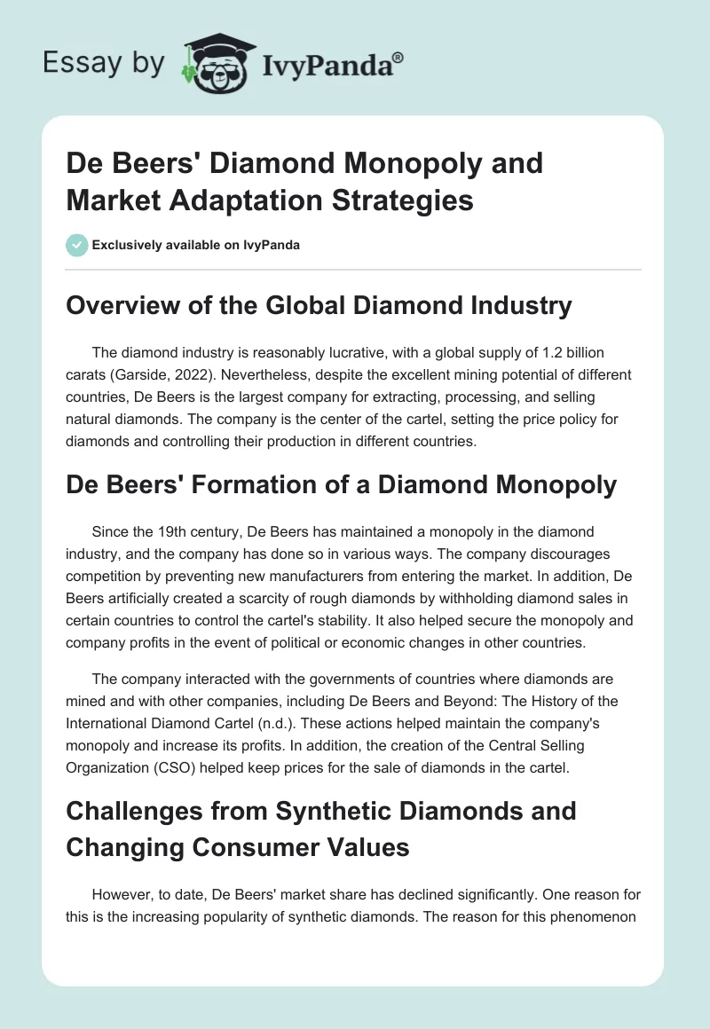 De Beers' Diamond Monopoly and Market Adaptation Strategies. Page 1