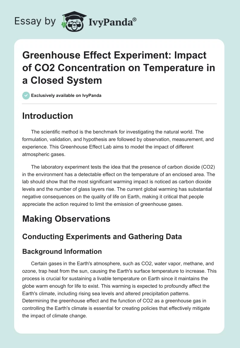 Greenhouse Effect Experiment: Impact of CO2 Concentration on Temperature in a Closed System. Page 1