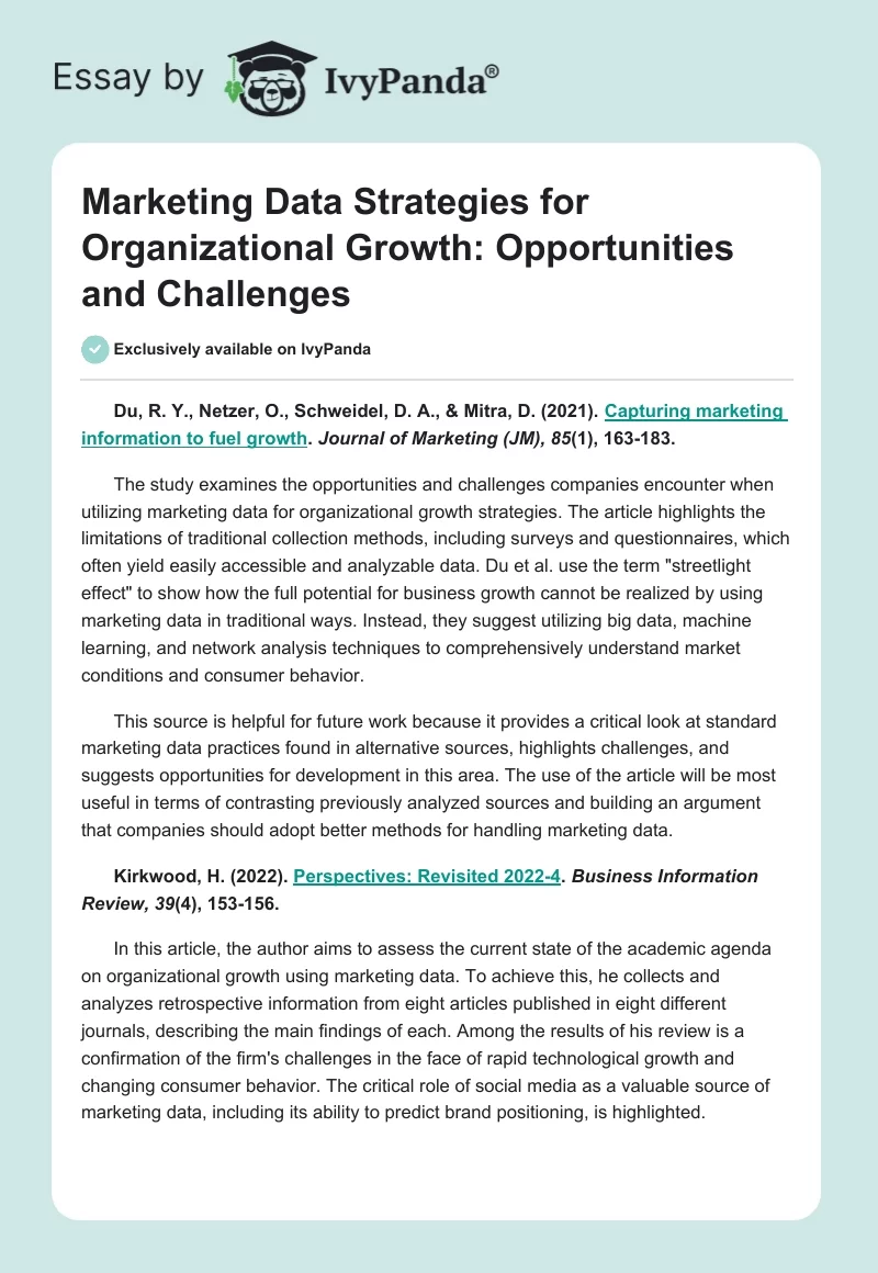 Marketing Data Strategies for Organizational Growth: Opportunities and Challenges. Page 1