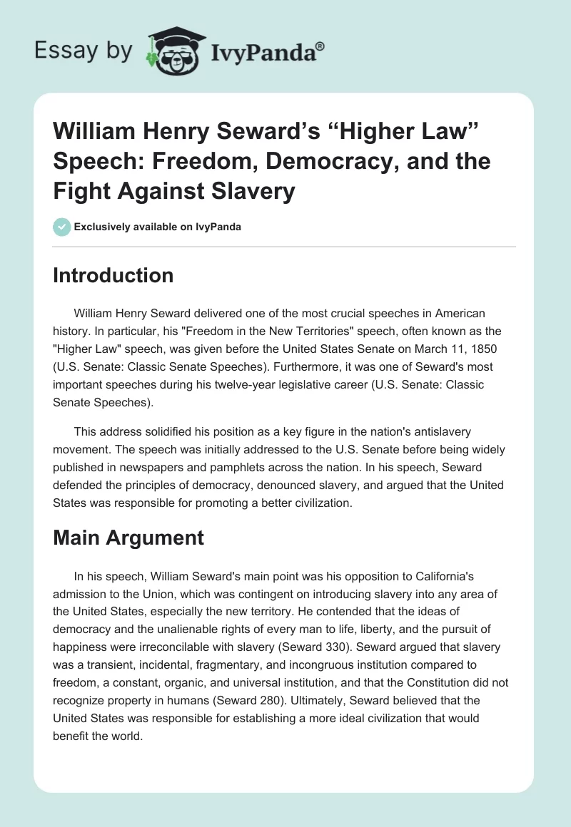 William Henry Seward’s “Higher Law” Speech: Freedom, Democracy, and the Fight Against Slavery. Page 1