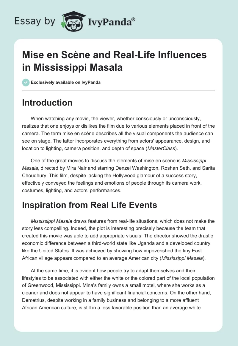 Mise en Scène and Real-Life Influences in Mississippi Masala. Page 1