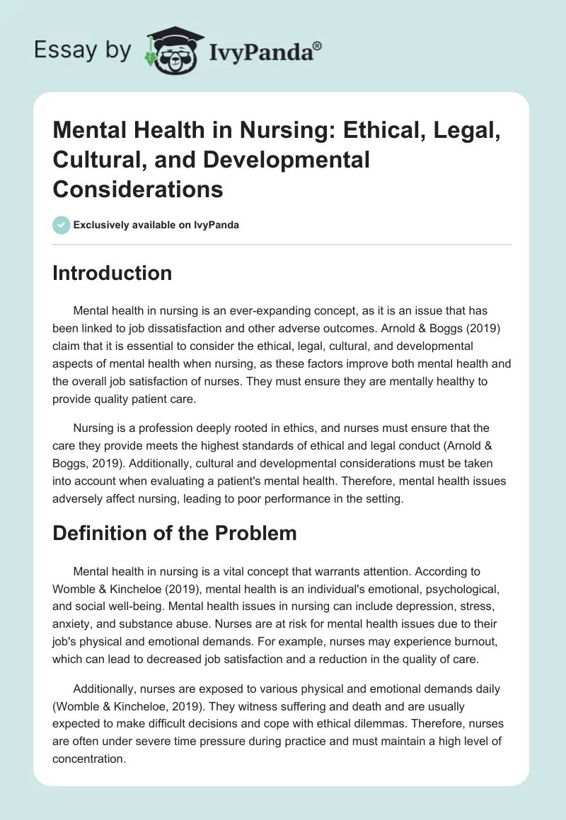 Mental Health in Nursing: Ethical, Legal, Cultural, and Developmental Considerations. Page 1