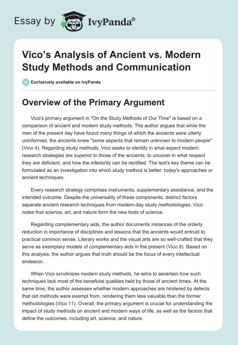 Vico’s Analysis of Ancient vs. Modern Study Methods and Communication. Page 1