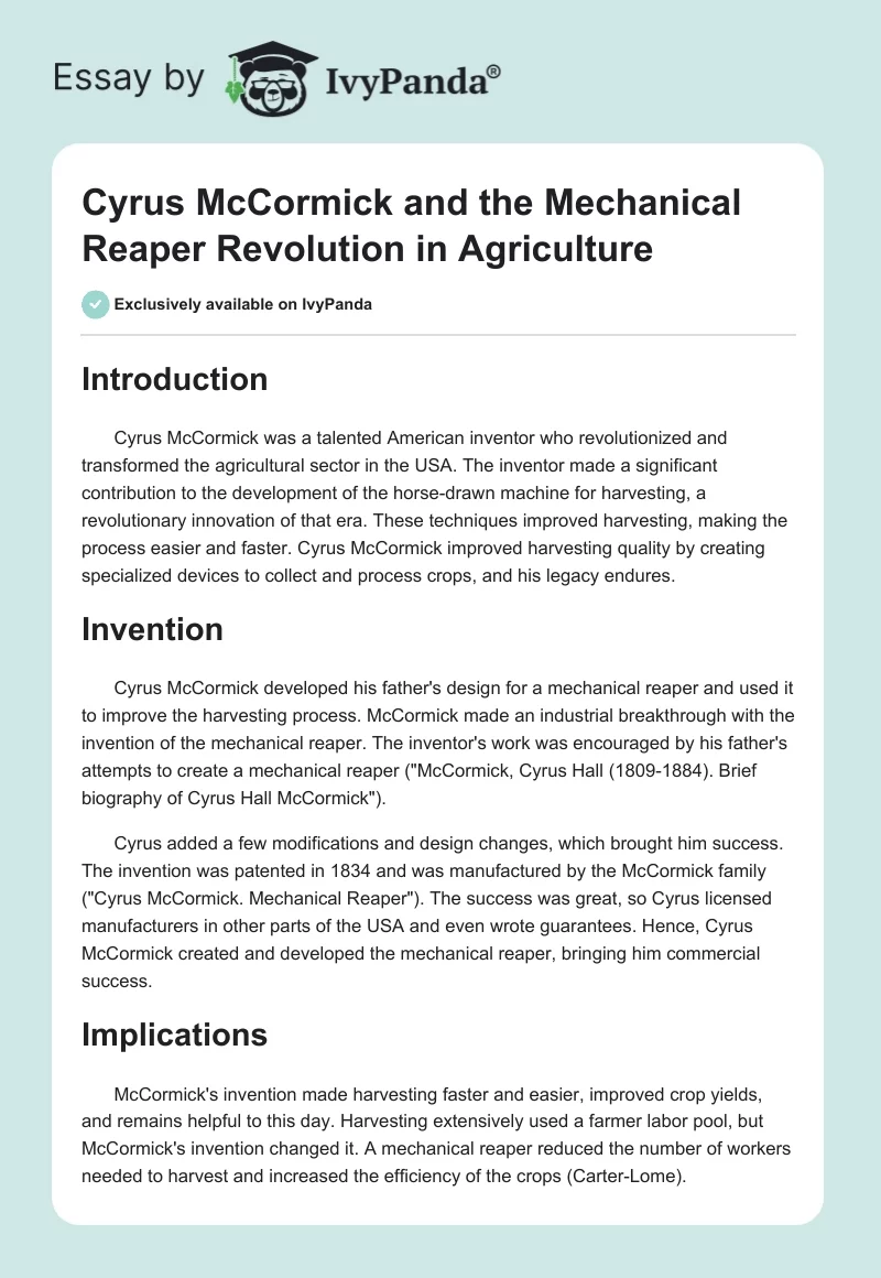 Cyrus McCormick and the Mechanical Reaper Revolution in Agriculture. Page 1