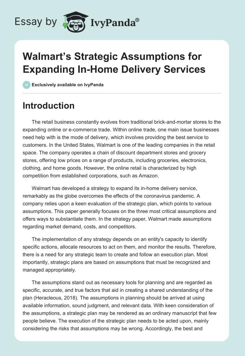 Walmart’s Strategic Assumptions for Expanding In-Home Delivery Services. Page 1