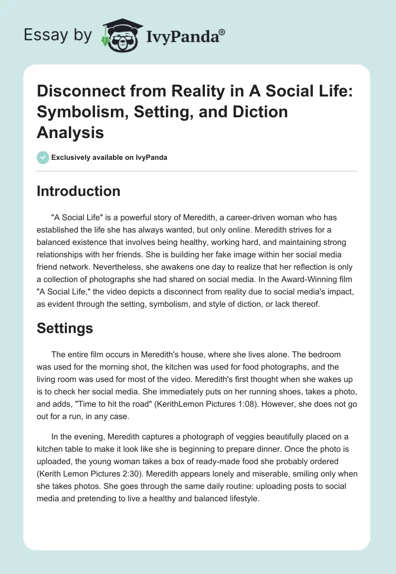 Disconnect from Reality in A Social Life: Symbolism, Setting, and Diction Analysis. Page 1