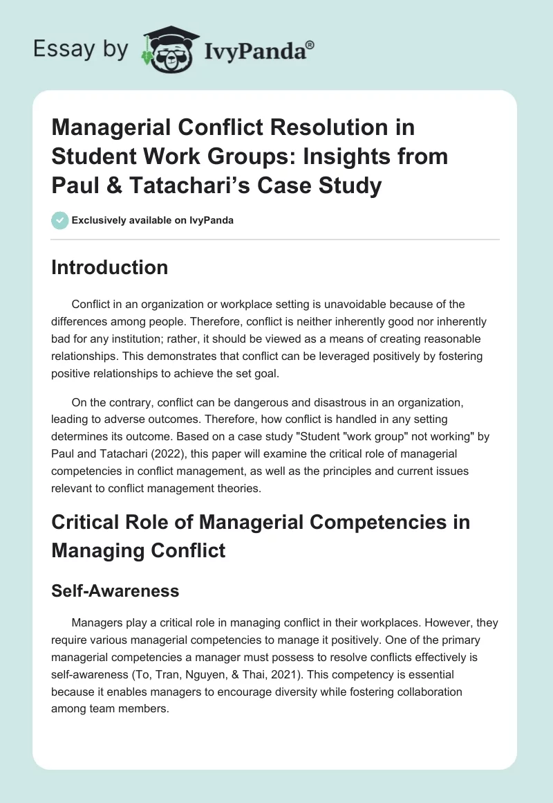 Managerial Conflict Resolution in Student Work Groups: Insights from Paul & Tatachari’s Case Study. Page 1