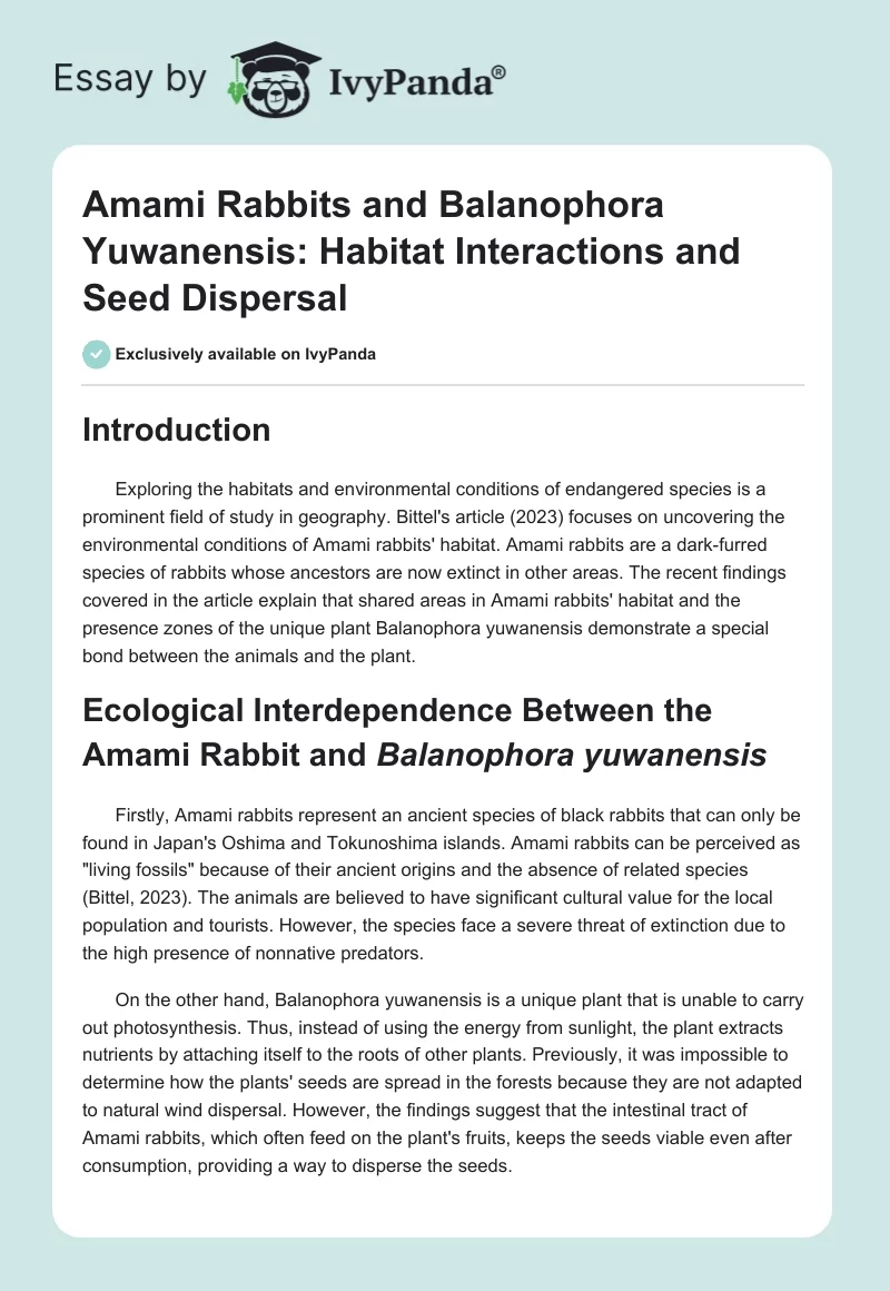 Amami Rabbits and Balanophora Yuwanensis: Habitat Interactions and Seed Dispersal. Page 1