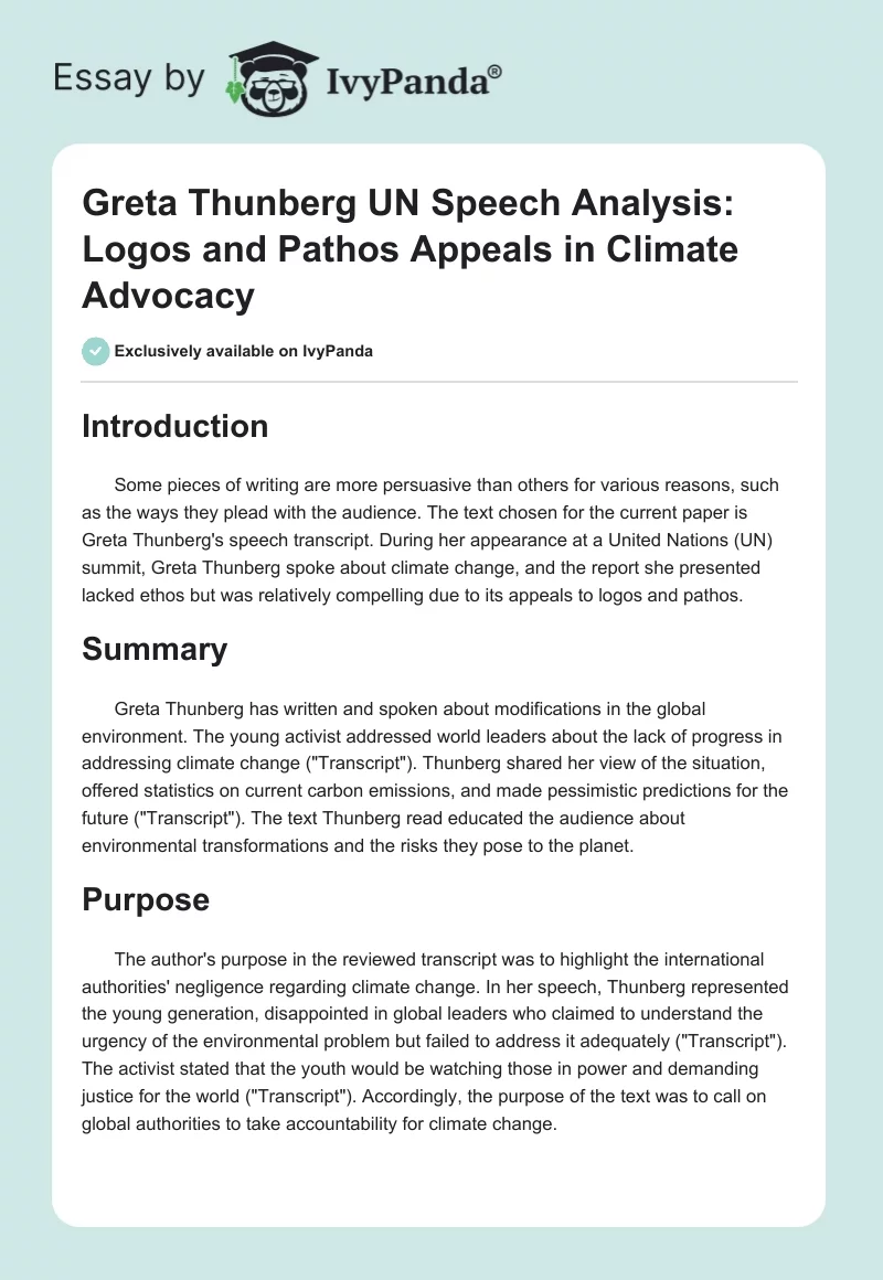 Greta Thunberg UN Speech Analysis: Logos and Pathos Appeals in Climate Advocacy. Page 1