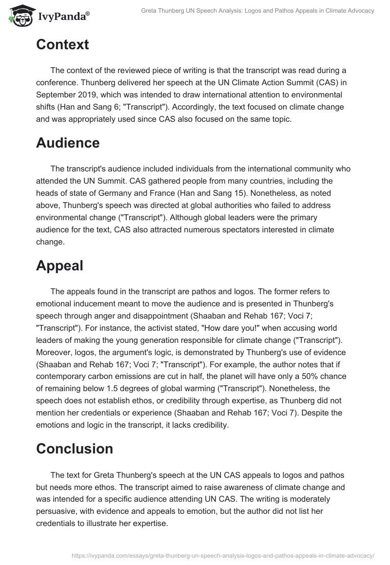 Greta Thunberg UN Speech Analysis: Logos and Pathos Appeals in Climate Advocacy. Page 2
