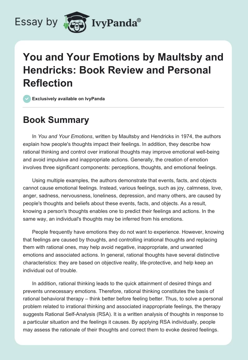 You and Your Emotions by Maultsby and Hendricks: Book Review and Personal Reflection. Page 1